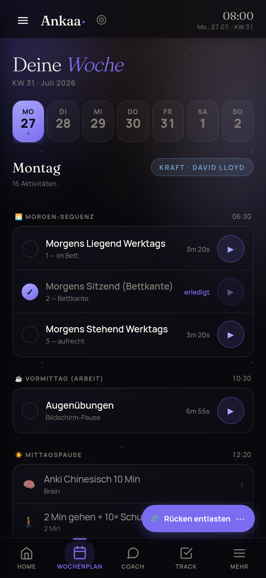 Wochenplan mit Morgen-Sequenz